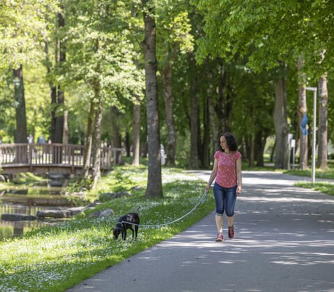 Frau in rotem Shirt geht mit schwarzem Hund an Leine auf Weg neben Bach und Holzbrücke im Park spazieren.