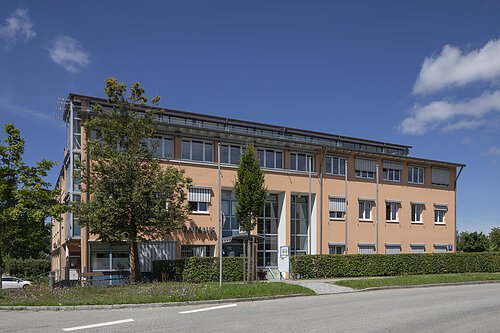 Dreistöckiges Rathausgebäude mit oranger Fassade, Bäumen und blauem Himmel im Hintergrund.