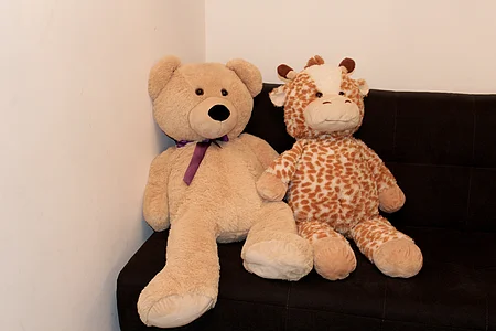 Zwei große Plüschtiere, ein Bär mit lila Schleife und eine Giraffe, sitzen auf einem schwarzen Sofa.