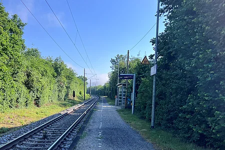 Bahnsteig mit Gleis, Wartehäuschen und Bäumen bei klarem Himmel an einem sonnigen Tag.