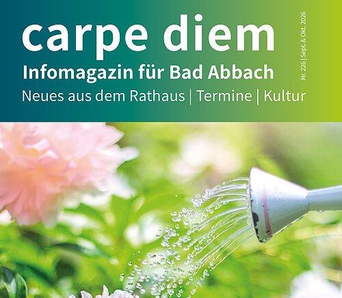 Titelseite Carpe Diem September und Oktober 2026 Titelseite mit Blumen und Gießkanne des Monatsmagazins "Carpe Diem" für September und Oktober 2026