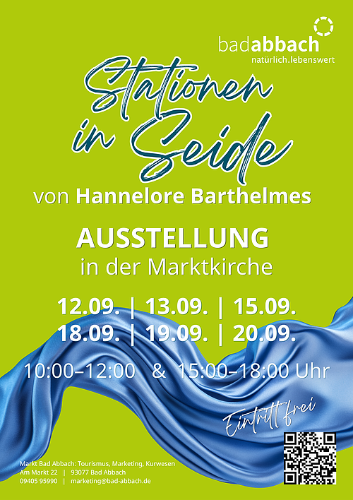 Stationen in Seide von Hannelore Barthelmes Plakat für Ausstellung „Stationen in Seide“ von Hannelore Barthelmes in der Marktkirche, Termine und Uhrzeiten, Eintritt frei.