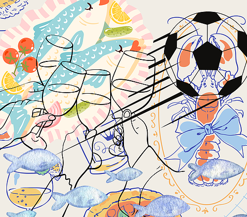 Fisch, Wein, Fussball Illustration mit angestoßenen Weingläsern, Fisch, Krebs mit Schleife und einem Fußball.