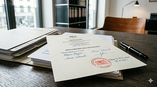 Urkunde mit Unterschriften und Stempel auf einem Schreibtisch neben Aktenordner und Füllfederhalter in Büro.