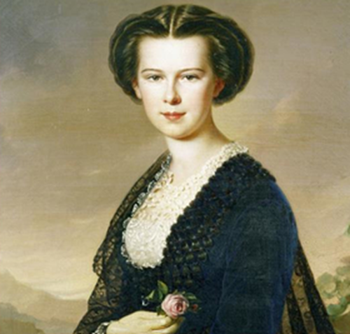Porträt einer Frau im historischen Kleid mit Spitzenkragen, die eine Rose hält.